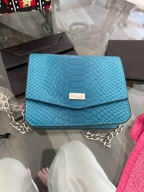 Lodis Turquoise Snakeskin Embossed Leather Chain Crossbody Bag
